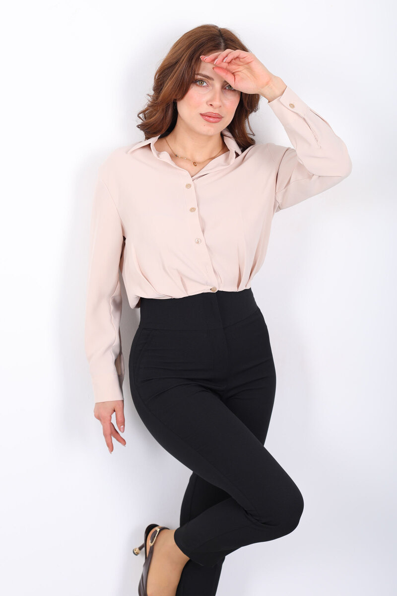 Beli Lastikli Pileli Kadın Bej Kısa Gömlek - 3