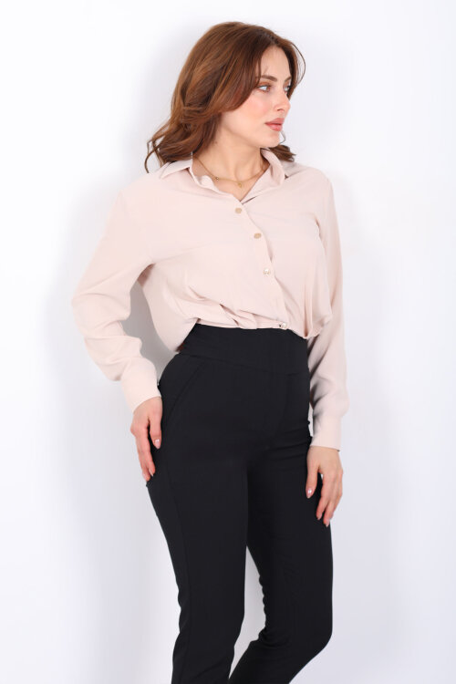 Beli Lastikli Pileli Kadın Bej Kısa Gömlek - 4