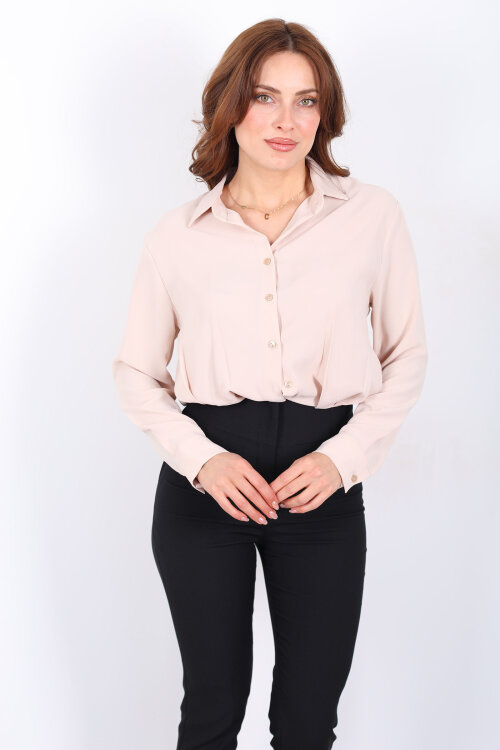 Beli Lastikli Pileli Kadın Bej Kısa Gömlek - 6