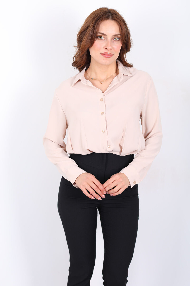 Beli Lastikli Pileli Kadın Bej Kısa Gömlek - 6