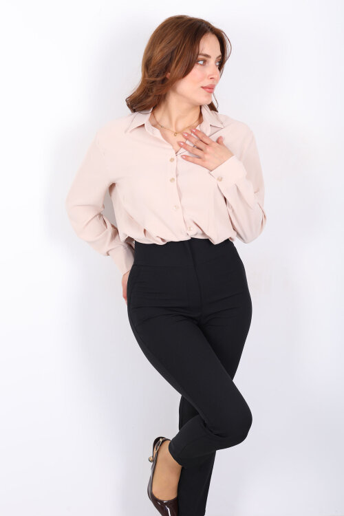 Beli Lastikli Pileli Kadın Bej Kısa Gömlek - Berox