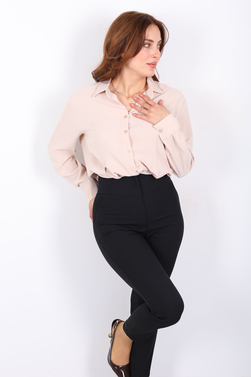 Beli Lastikli Pileli Kadın Bej Kısa Gömlek - 1