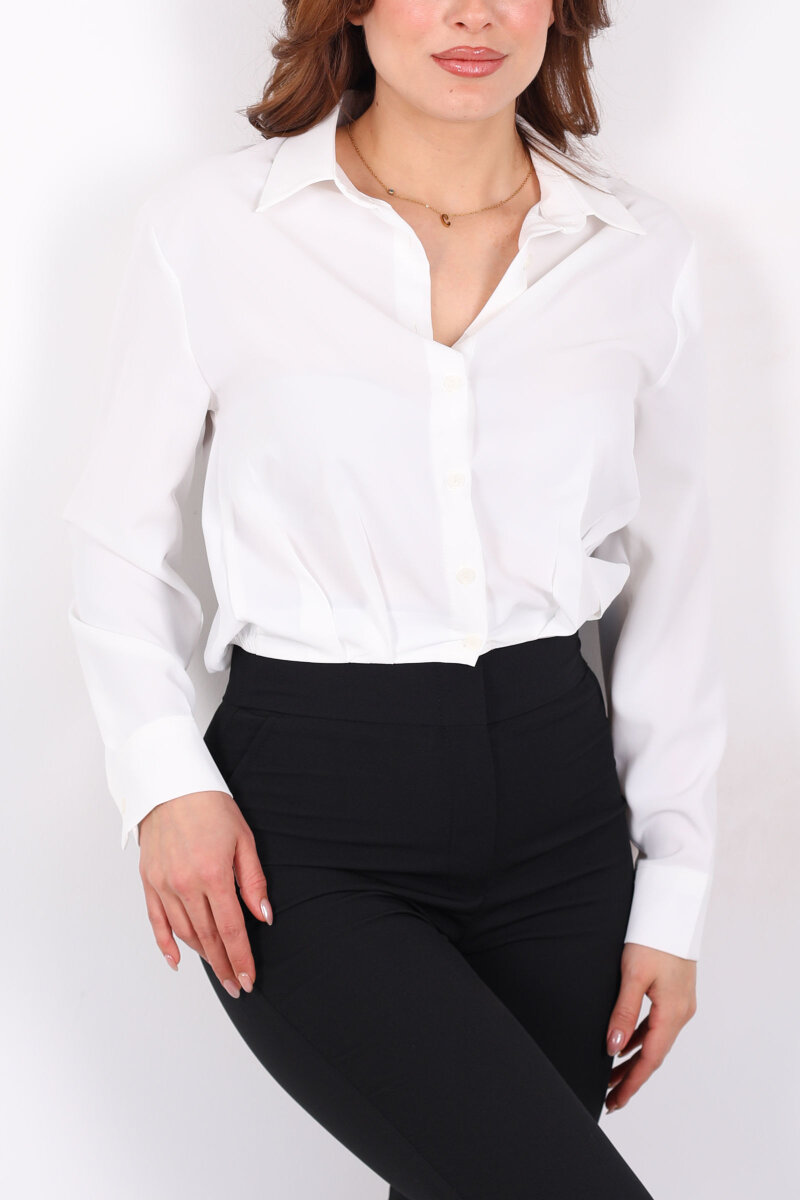 Beli Lastikli Pileli Kadın Beyaz Kısa Gömlek - 2