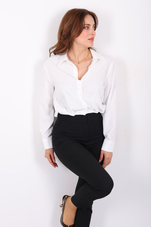 Beli Lastikli Pileli Kadın Beyaz Kısa Gömlek - 6