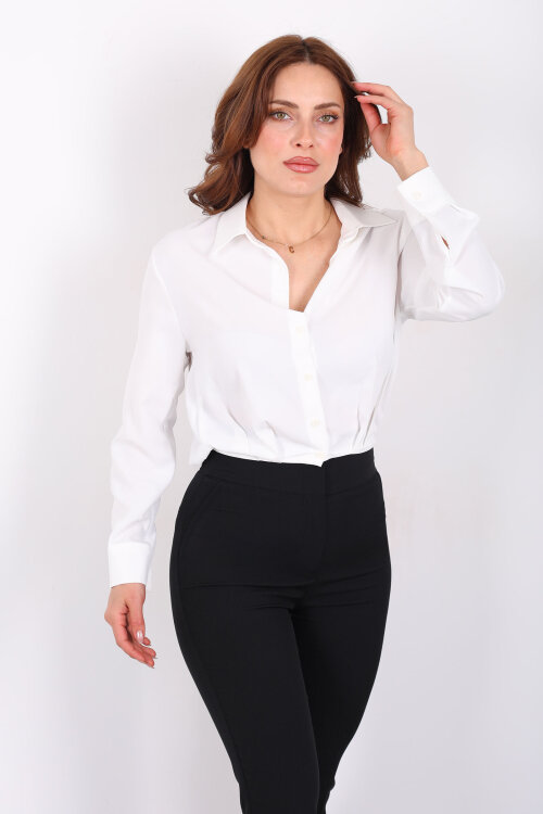 Beli Lastikli Pileli Kadın Beyaz Kısa Gömlek - Berox