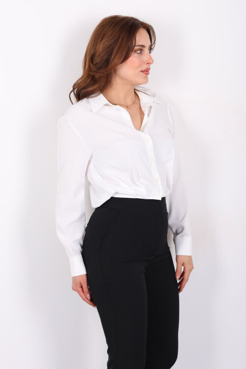 Beli Lastikli Pileli Kadın Beyaz Kısa Gömlek - 3