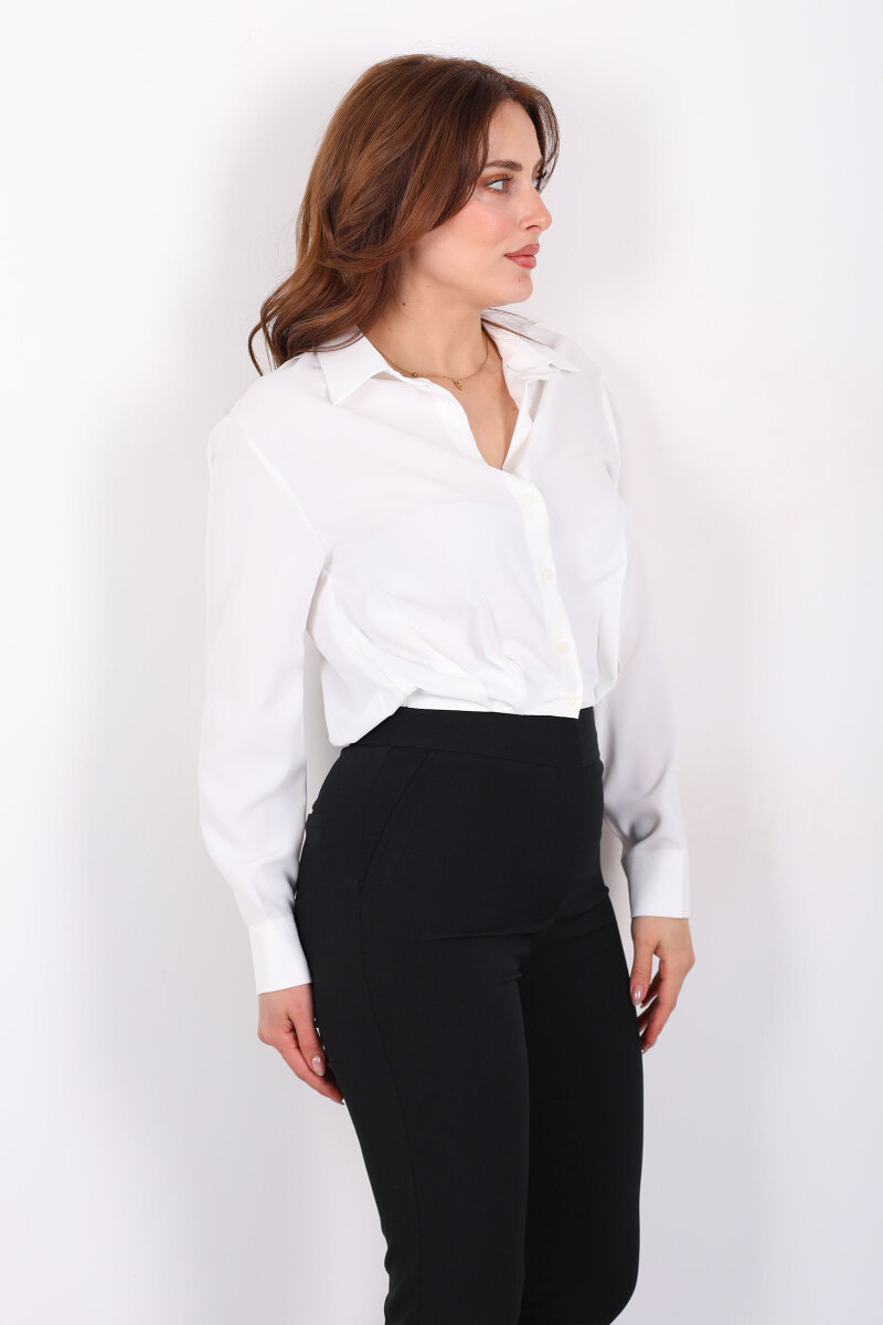 Beli Lastikli Pileli Kadın Beyaz Kısa Gömlek - 3