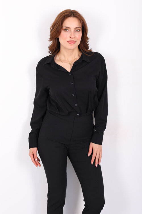 Beli Lastikli Pileli Kadın Siyah Kısa Gömlek - 6