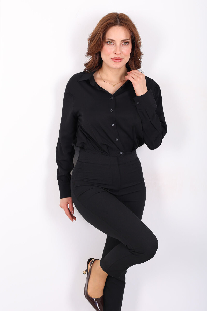 Beli Lastikli Pileli Kadın Siyah Kısa Gömlek - 1