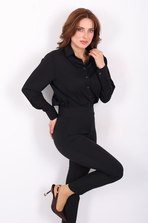 Beli Lastikli Pileli Kadın Siyah Kısa Gömlek - 4