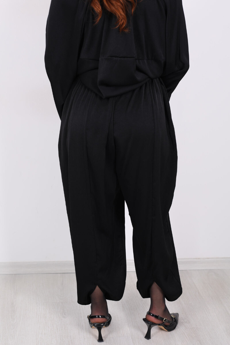 Beli Lastikli Saten Siyah Kadın Şalvar - 6