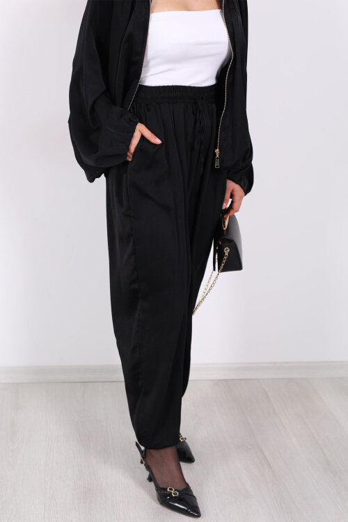 Beli Lastikli Saten Siyah Kadın Şalvar - Berox (1)