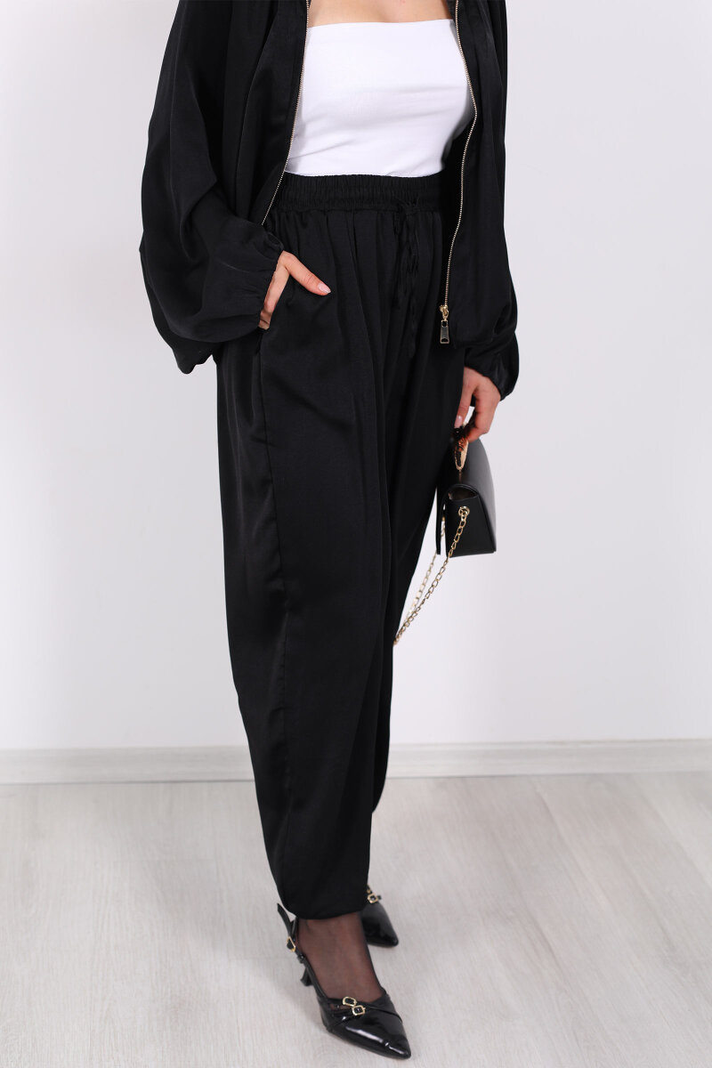 Beli Lastikli Saten Siyah Kadın Şalvar - 2