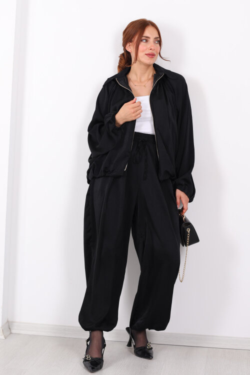 Beli Lastikli Saten Siyah Kadın Şalvar - 4