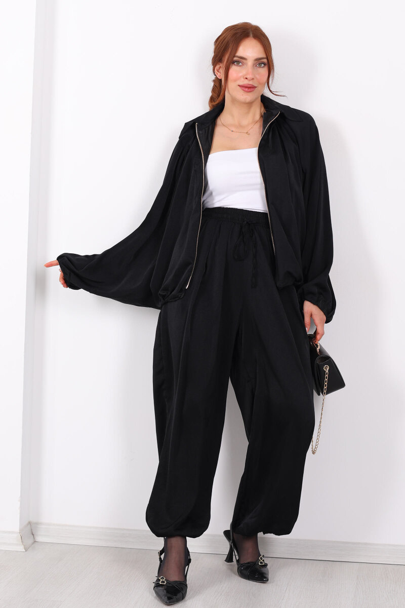 Beli Lastikli Saten Siyah Kadın Şalvar - 5