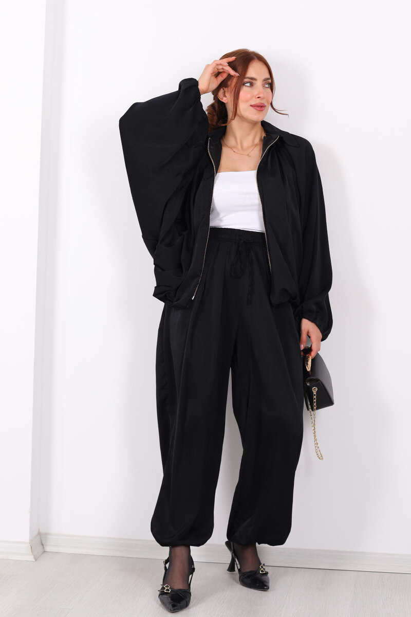 Beli Lastikli Saten Siyah Kadın Şalvar - 1