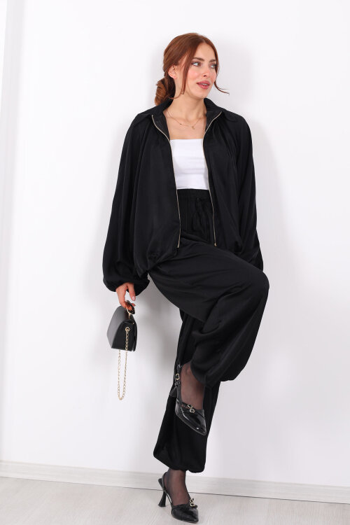 Beli Lastikli Saten Siyah Kadın Şalvar - 3