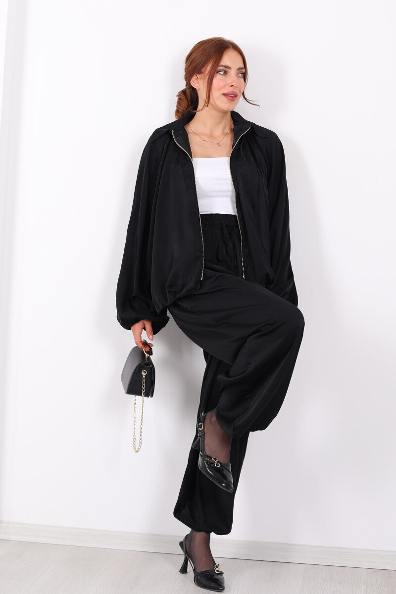 Beli Lastikli Saten Siyah Kadın Şalvar - 3