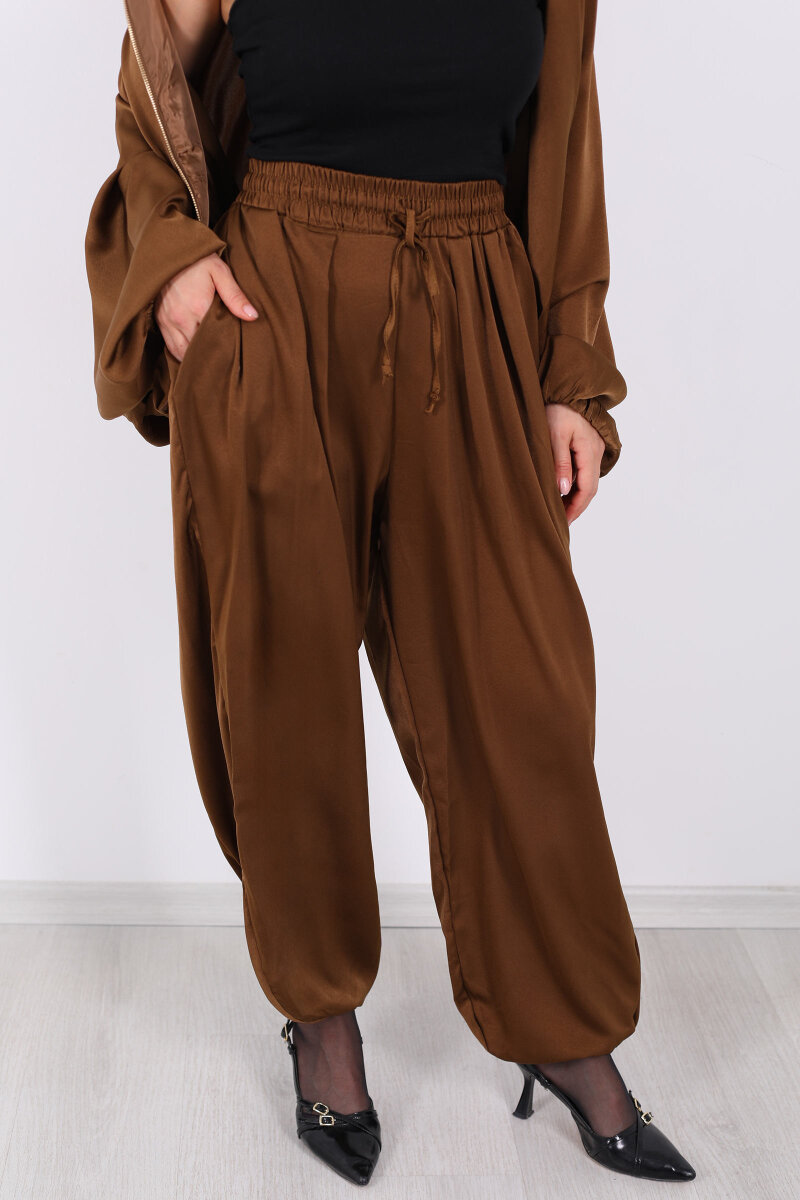 Beli Lastikli Saten Taba Kadın Şalvar - 2