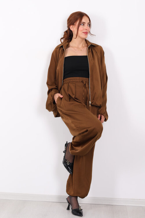 Beli Lastikli Saten Taba Kadın Şalvar - 3