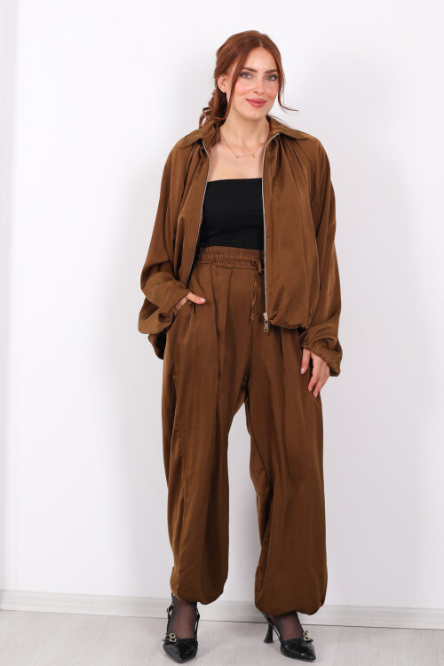 Beli Lastikli Saten Taba Kadın Şalvar - 4