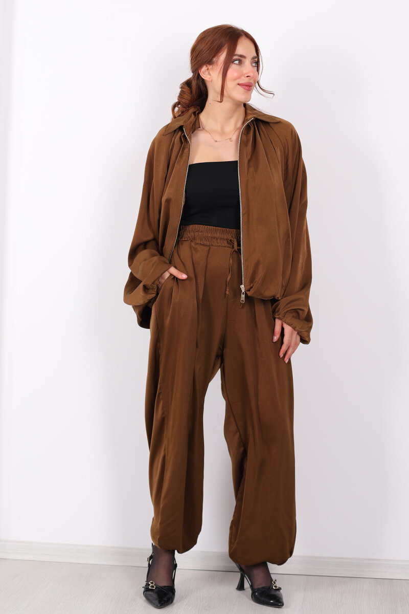 Beli Lastikli Saten Taba Kadın Şalvar - 6