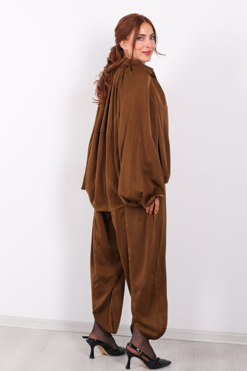 Beli Lastikli Saten Taba Kadın Şalvar - 5