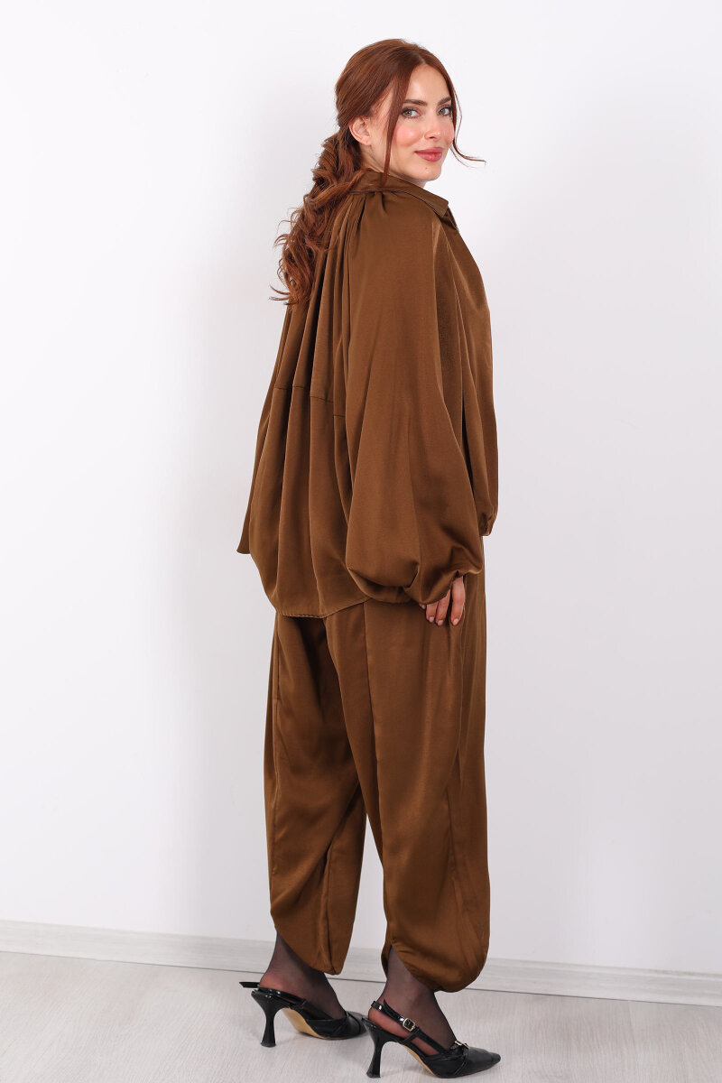 Beli Lastikli Saten Taba Kadın Şalvar - 5