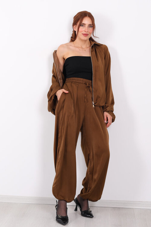 Beli Lastikli Saten Taba Kadın Şalvar - Berox