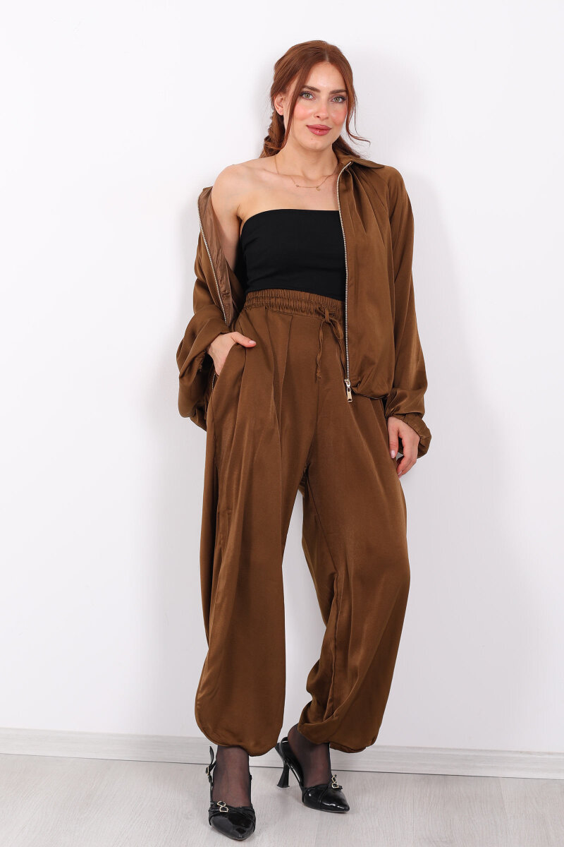 Beli Lastikli Saten Taba Kadın Şalvar - 1