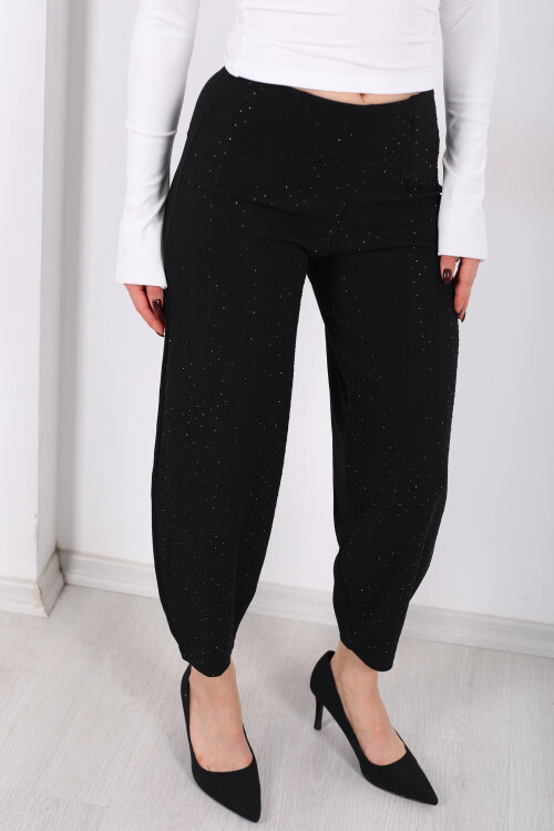 Beli Lastikli Serpme Taşlı Kadın Siyah Krep Şalvar - Berox (1)