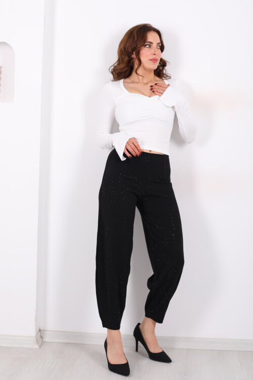 Beli Lastikli Serpme Taşlı Kadın Siyah Krep Şalvar - 3