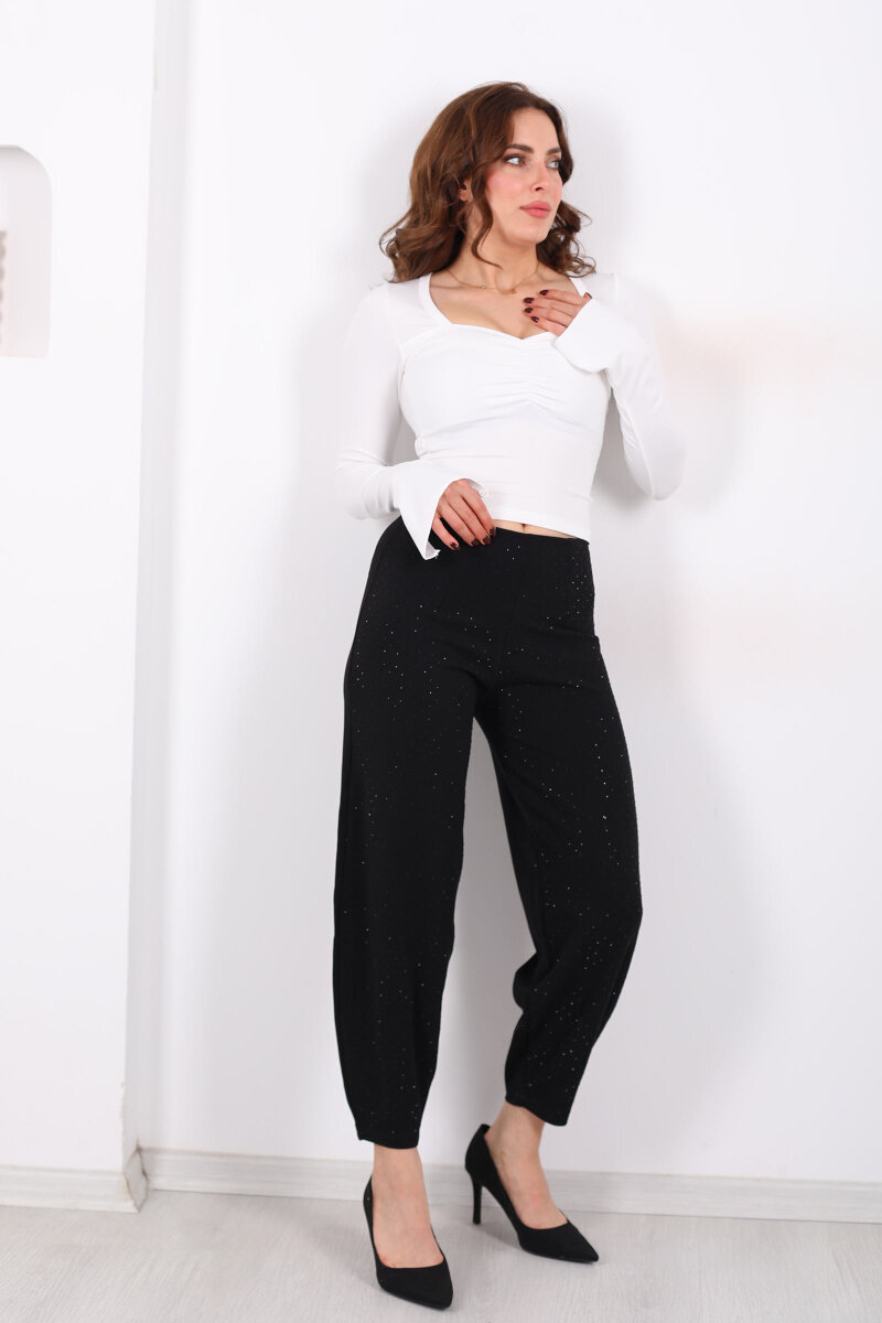 Beli Lastikli Serpme Taşlı Kadın Siyah Krep Şalvar - 3