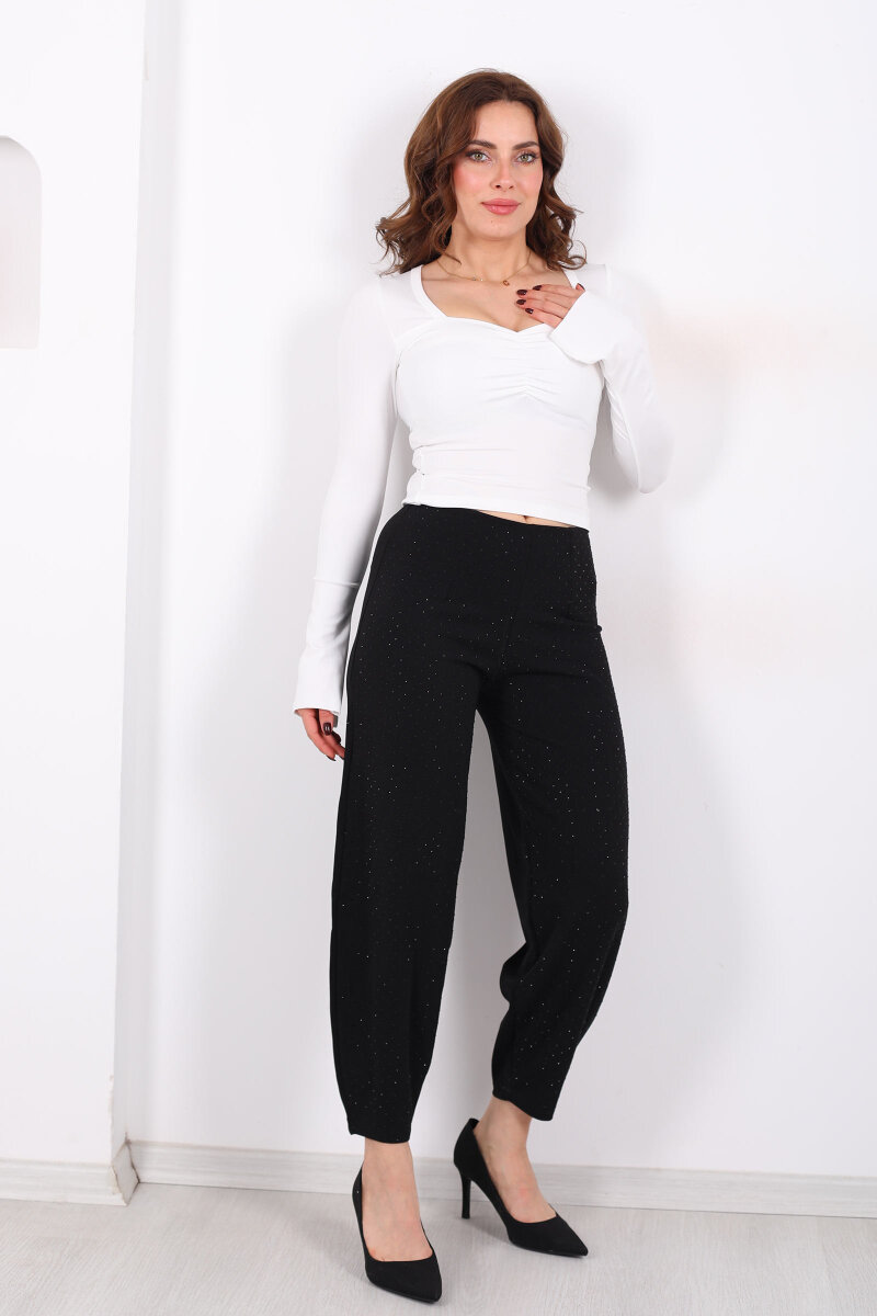 Beli Lastikli Serpme Taşlı Kadın Siyah Krep Şalvar - 1