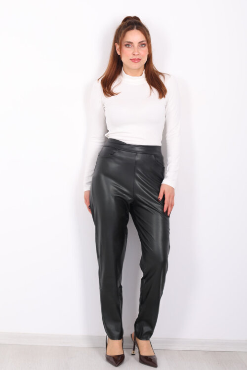 Beli Lastikli Siyah Kadın Deri Pantolon - 5