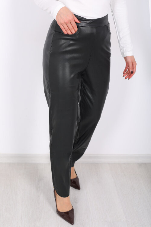 Beli Lastikli Siyah Kadın Deri Pantolon - Berox (1)