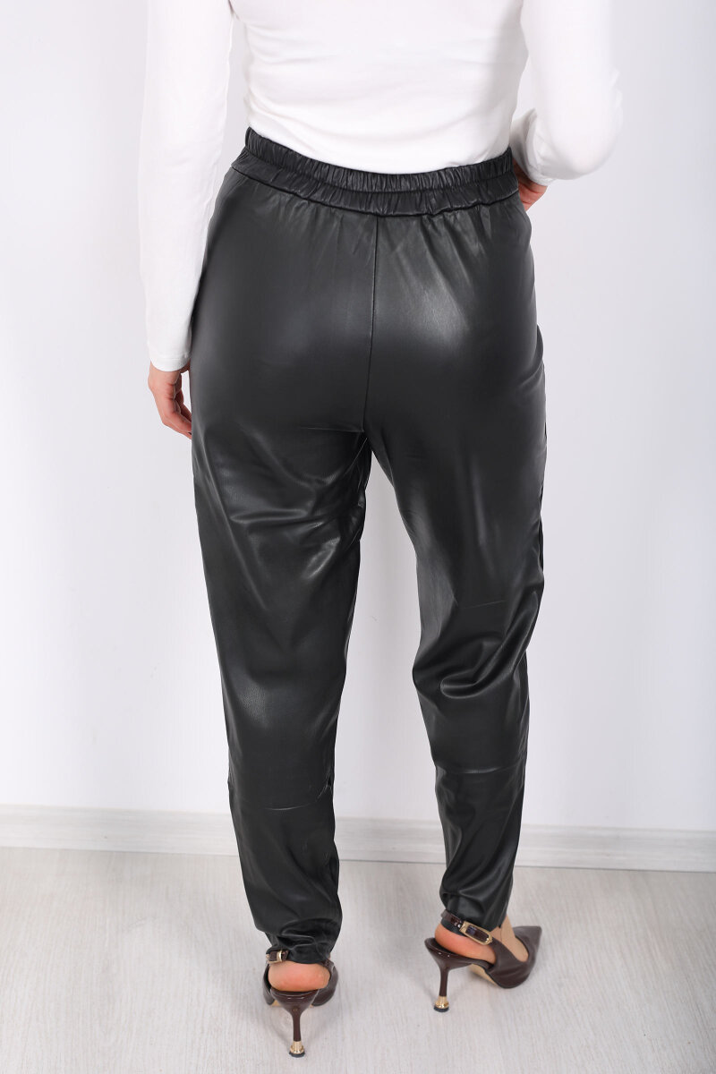 Beli Lastikli Siyah Kadın Deri Pantolon - 4