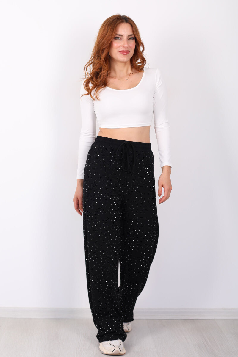 Beli Lastikli Siyah Kadın Taşlı Pantolon - 3