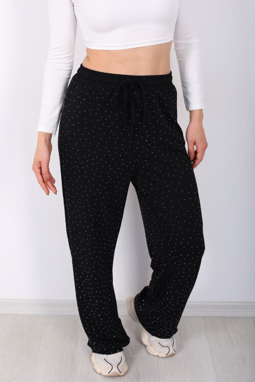 Beli Lastikli Siyah Kadın Taşlı Pantolon - Berox (1)