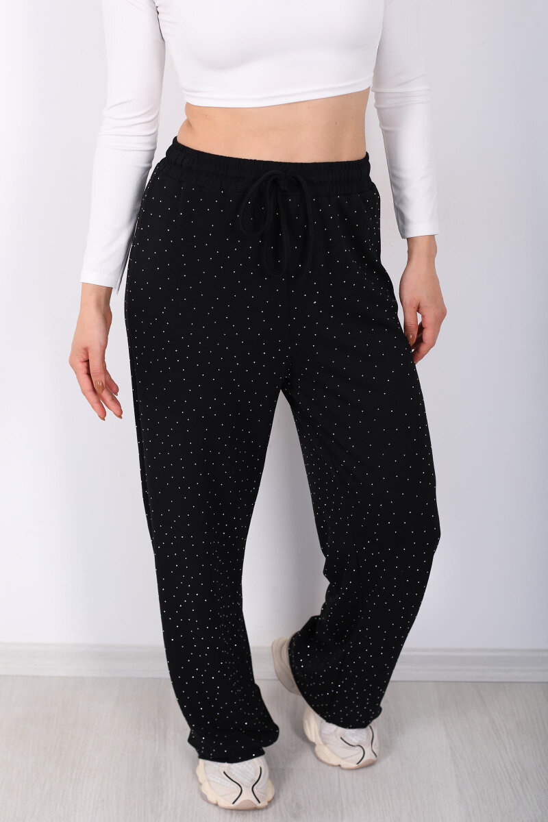 Beli Lastikli Siyah Kadın Taşlı Pantolon - 2