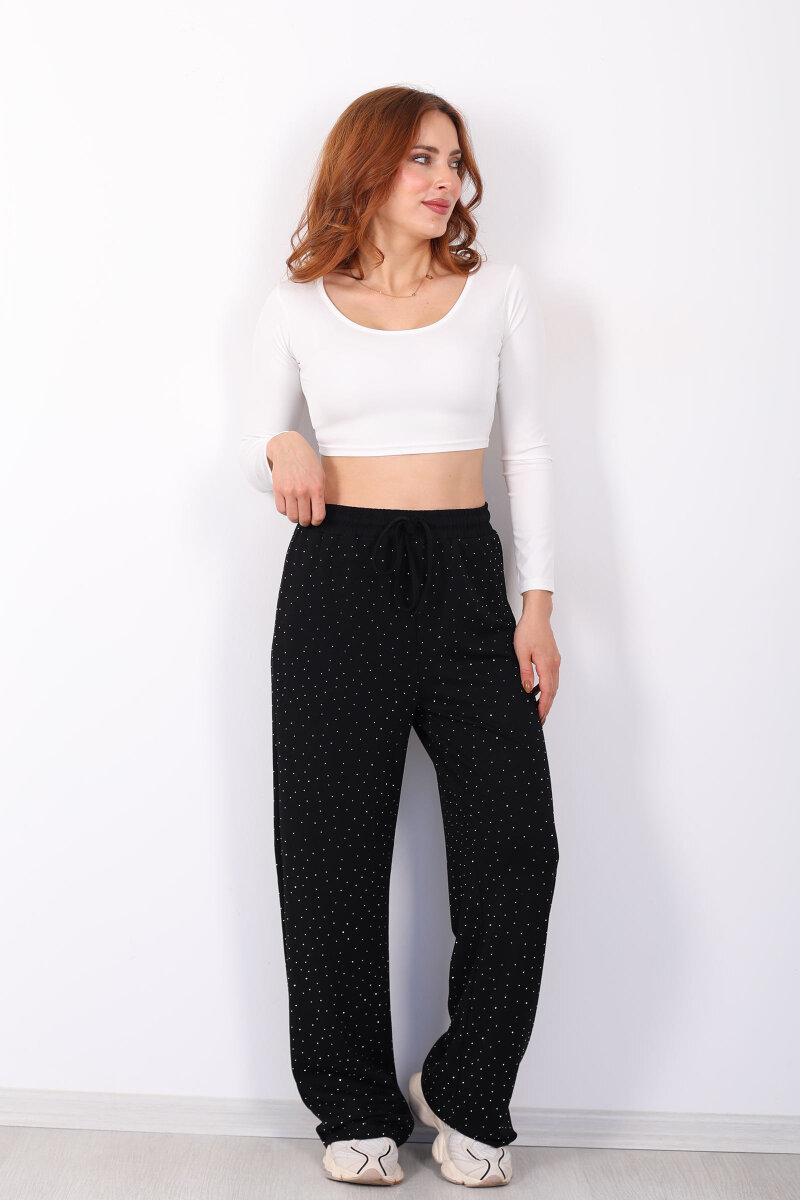 Beli Lastikli Siyah Kadın Taşlı Pantolon - 4