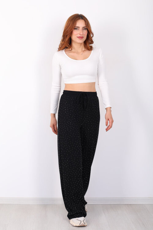 Beli Lastikli Siyah Kadın Taşlı Pantolon - 6