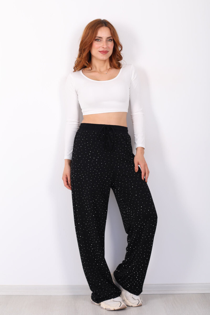 Beli Lastikli Siyah Kadın Taşlı Pantolon - 1