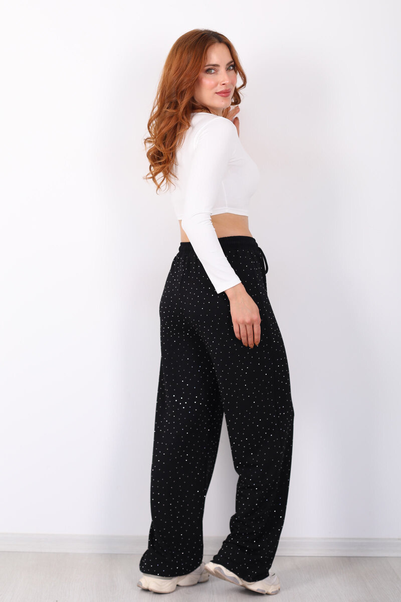Beli Lastikli Siyah Kadın Taşlı Pantolon - 5