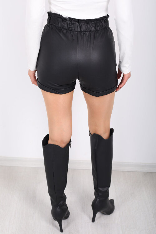 Beli Lastikli Süs Düğmeli Siyah Kadın Deri Şort - 5