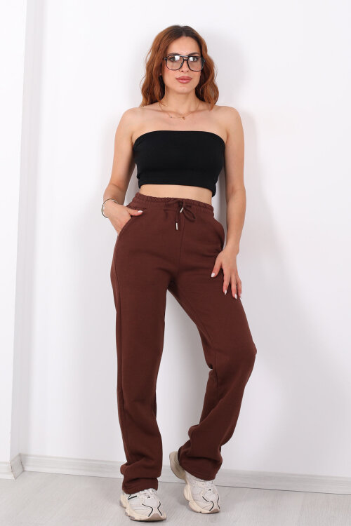 Beli Lastikli Üç İp Boru Paça Acı Kahve Kadın Eşofman Alt - 3