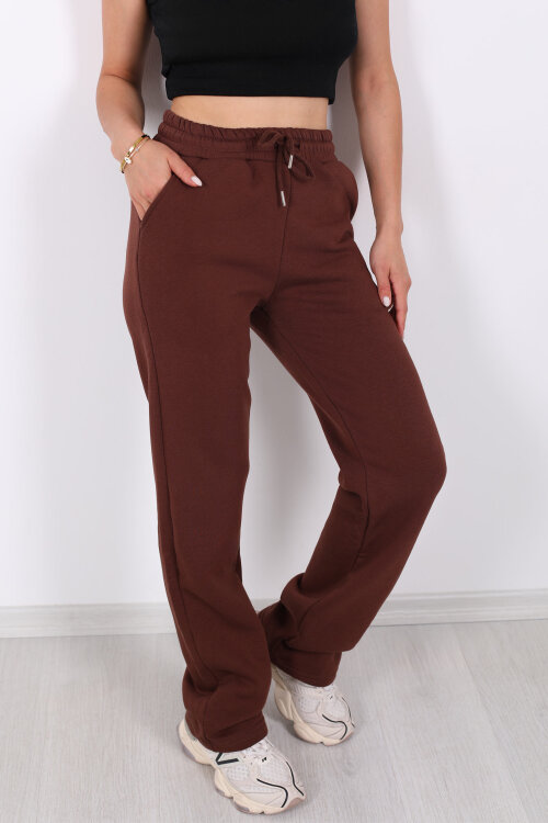 Beli Lastikli Üç İp Boru Paça Acı Kahve Kadın Eşofman Alt - Berox (1)