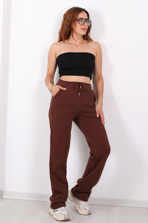 Beli Lastikli Üç İp Boru Paça Acı Kahve Kadın Eşofman Alt - 5