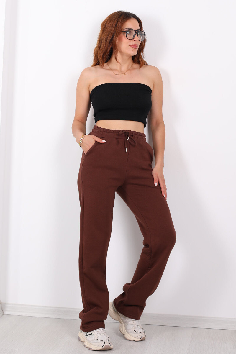 Beli Lastikli Üç İp Boru Paça Acı Kahve Kadın Eşofman Alt - 5