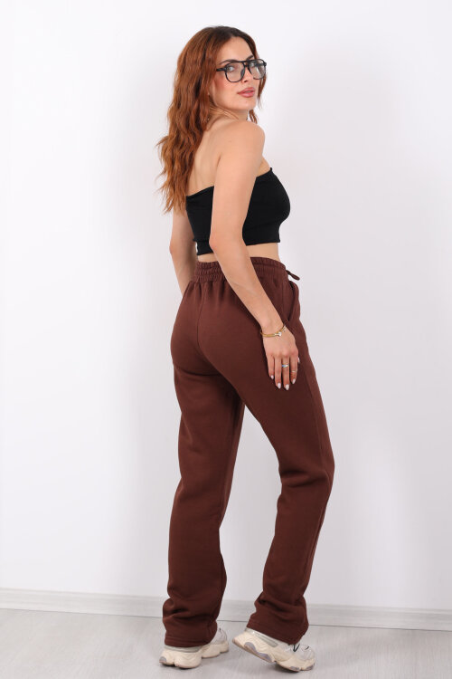 Beli Lastikli Üç İp Boru Paça Acı Kahve Kadın Eşofman Alt - 4